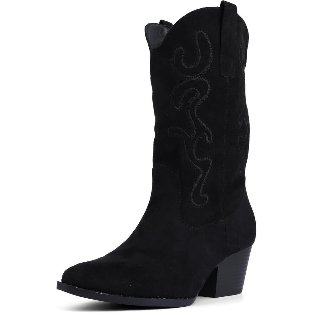 Women Black Suede Mid Calf Chunky Block Heel Western Embroidered Cowgirl Boot
